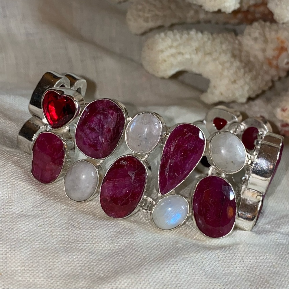 Gorgeous Ruby + Red Quartz heart + Biwa Pearl statement bracelet